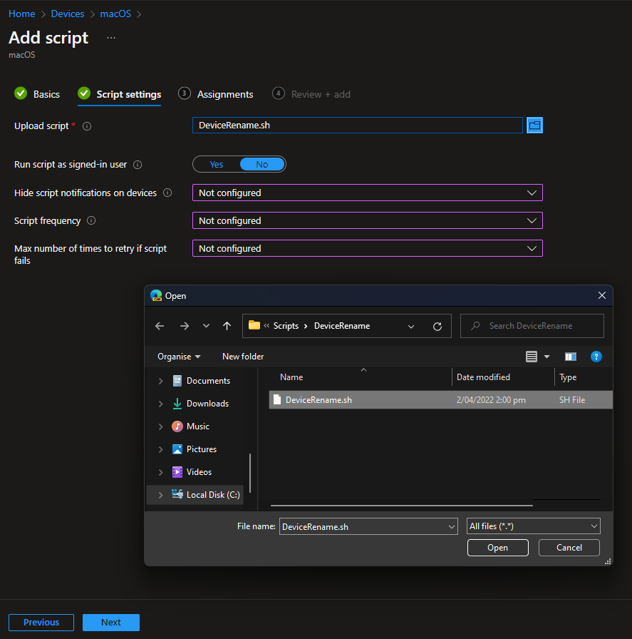 Intune macOS Scripts – Add script